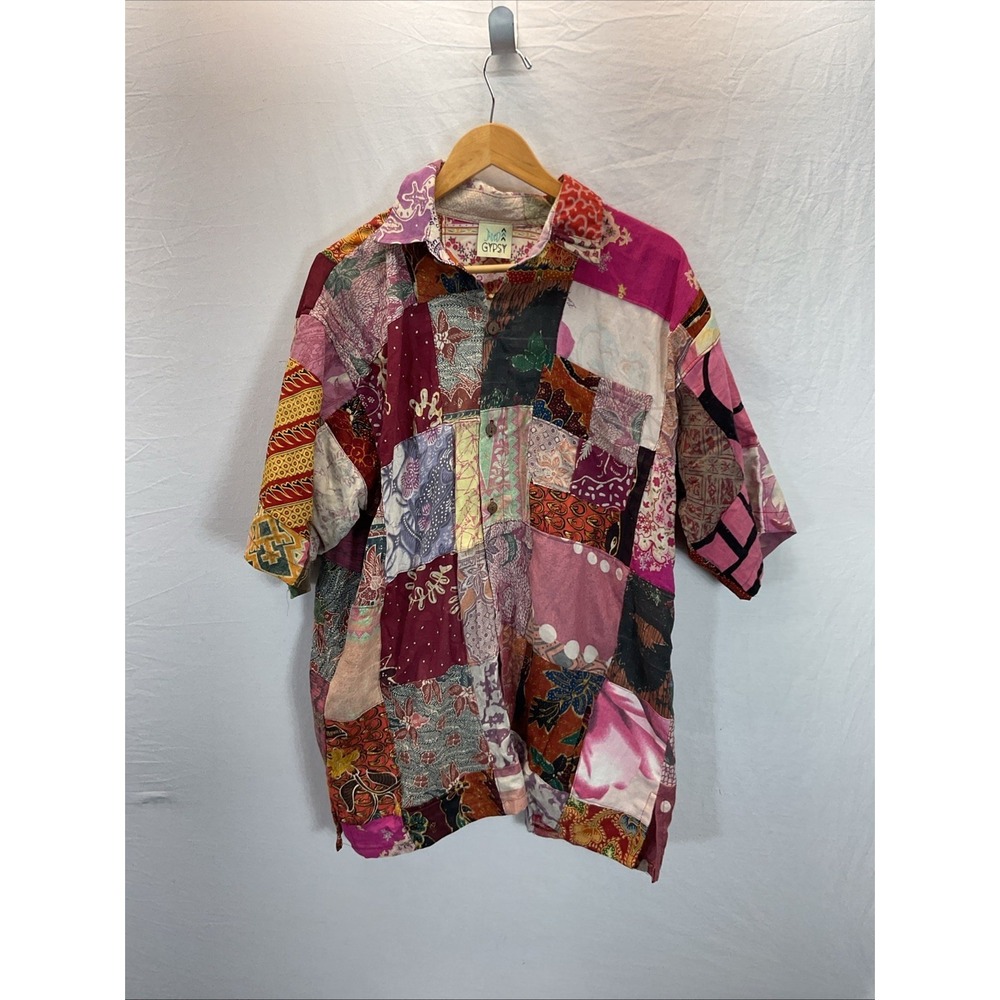 VTG Mens Jaded Gypsy button down short sleeve patchwork BOHO XL unique novelty